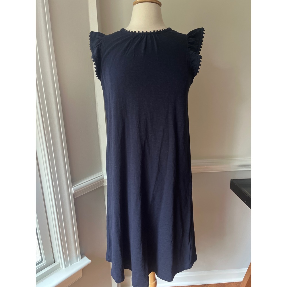 Boden Sleeveless Shift Dress Navy Blue Size 6L Ruffle/Pom Pom Trim